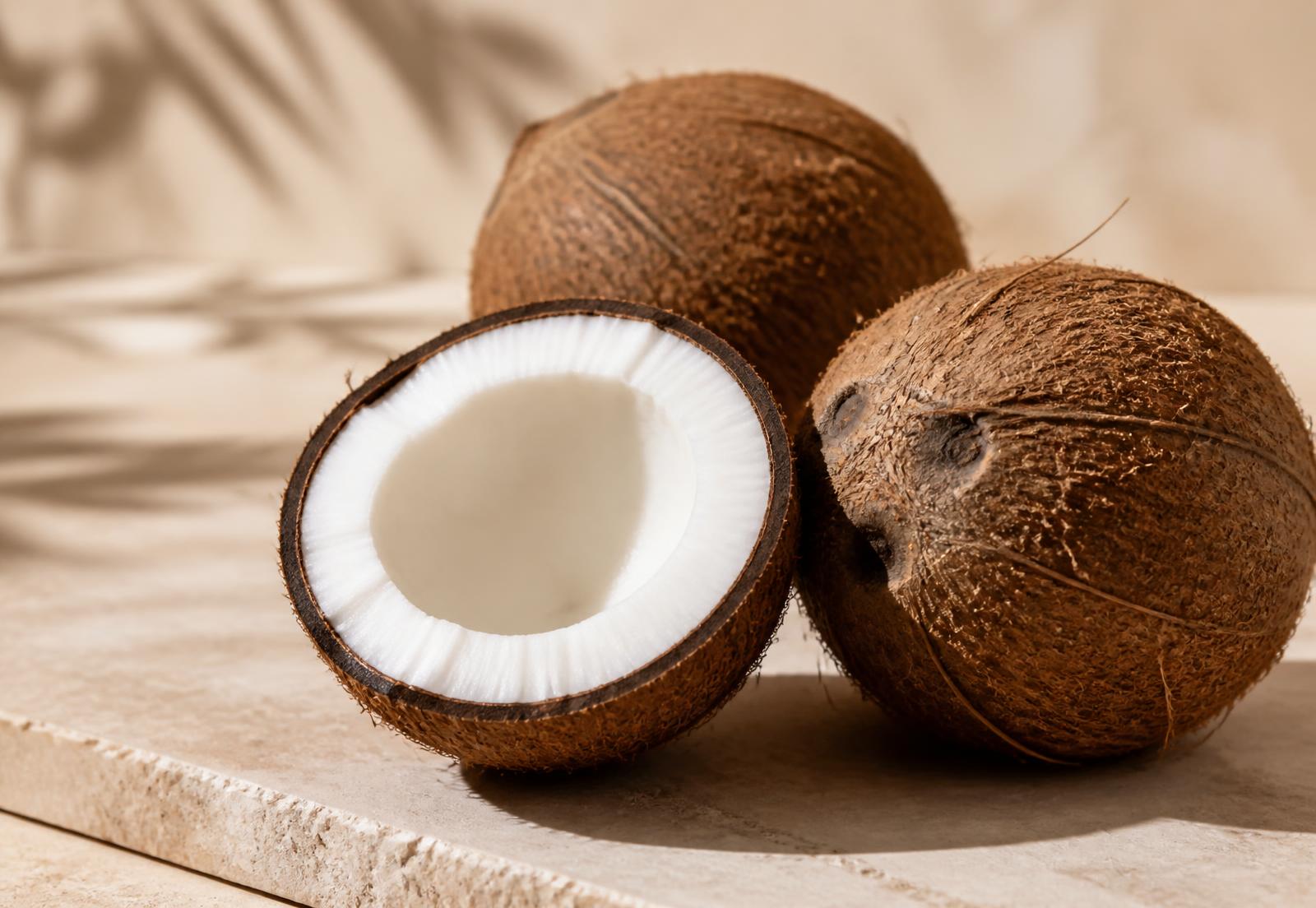 Halved fresh coconut beside whole coconuts on a warm stone surface